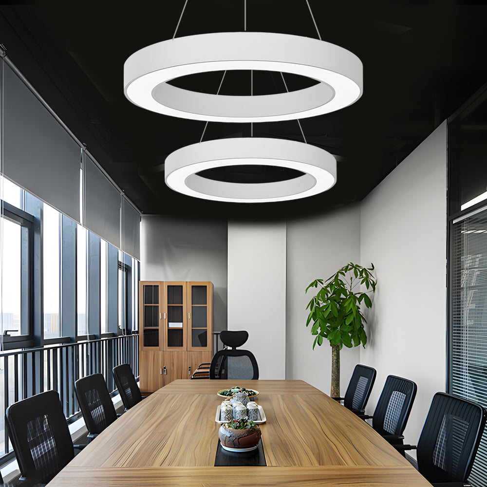 LED Ring Pendant Light, Minimalist Iron and Acrylic Circular Chandelier for Offices and Open Interiors, Seven Diameters up to 39 Inches