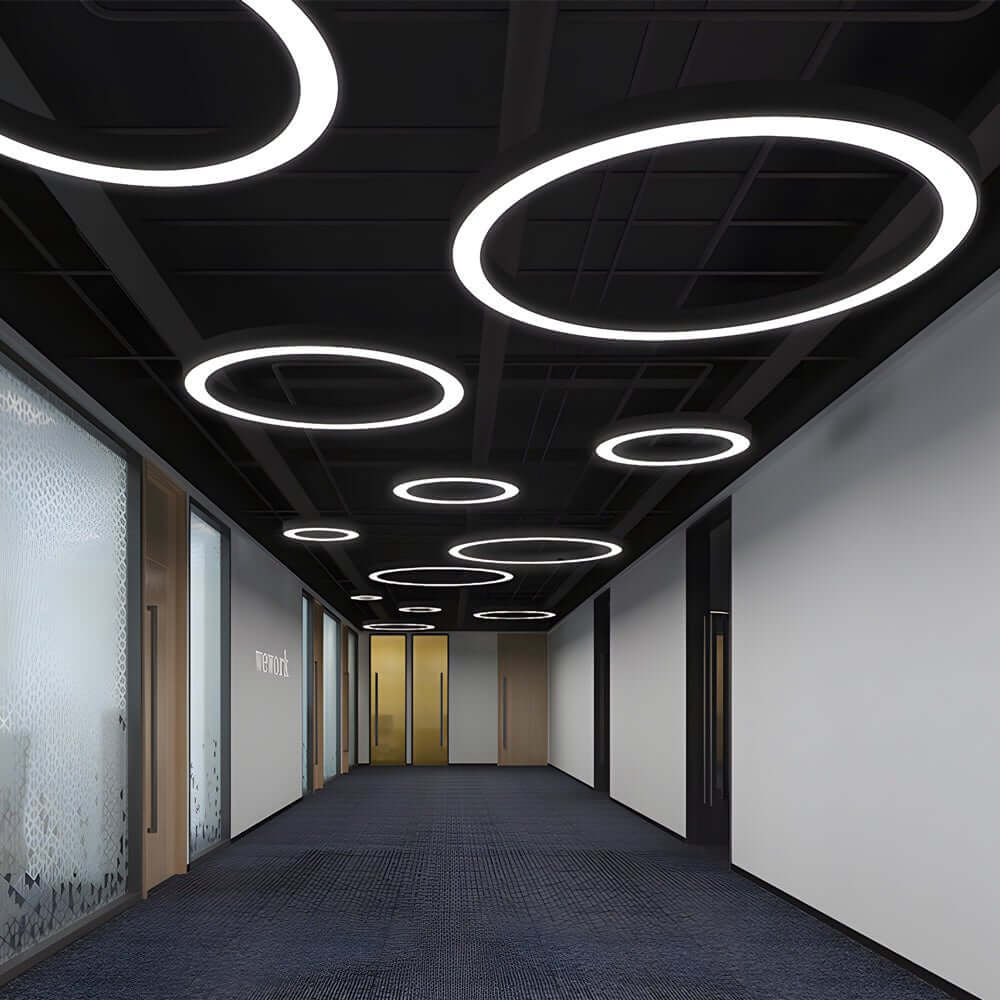 LED Ring Pendant Light, Minimalist Iron and Acrylic Circular Chandelier for Offices and Open Interiors, Seven Diameters up to 39 Inches