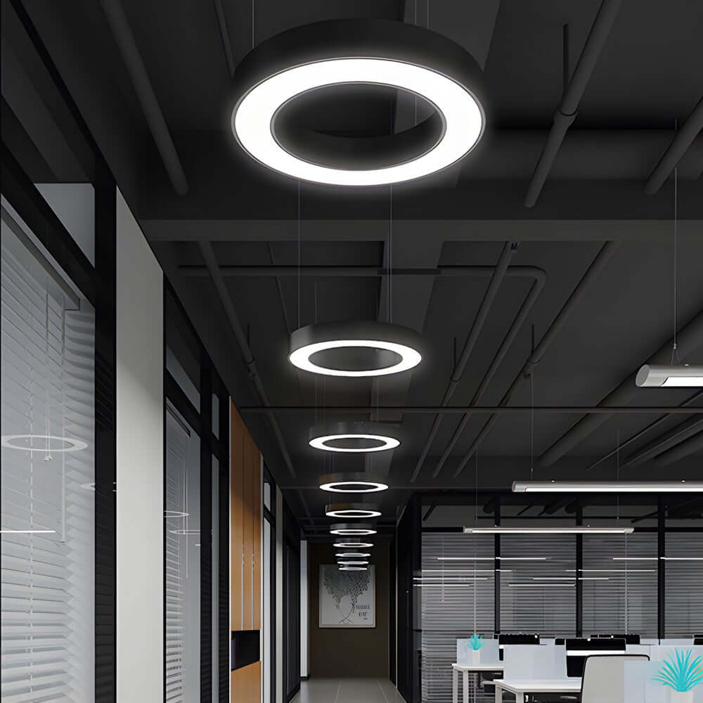 LED Ring Pendant Light, Minimalist Iron and Acrylic Circular Chandelier for Offices and Open Interiors, Seven Diameters up to 39 Inches