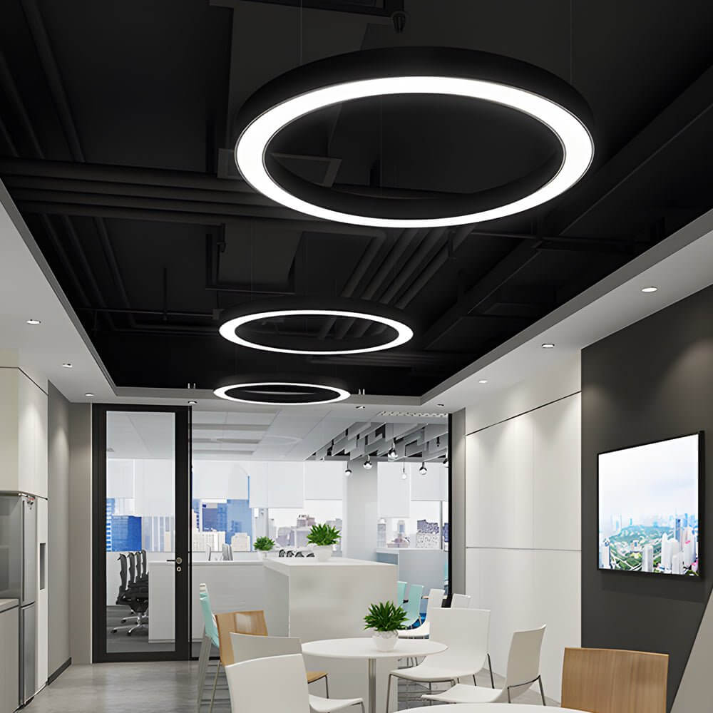 LED Ring Pendant Light, Minimalist Iron and Acrylic Circular Chandelier for Offices and Open Interiors, Seven Diameters up to 39 Inches