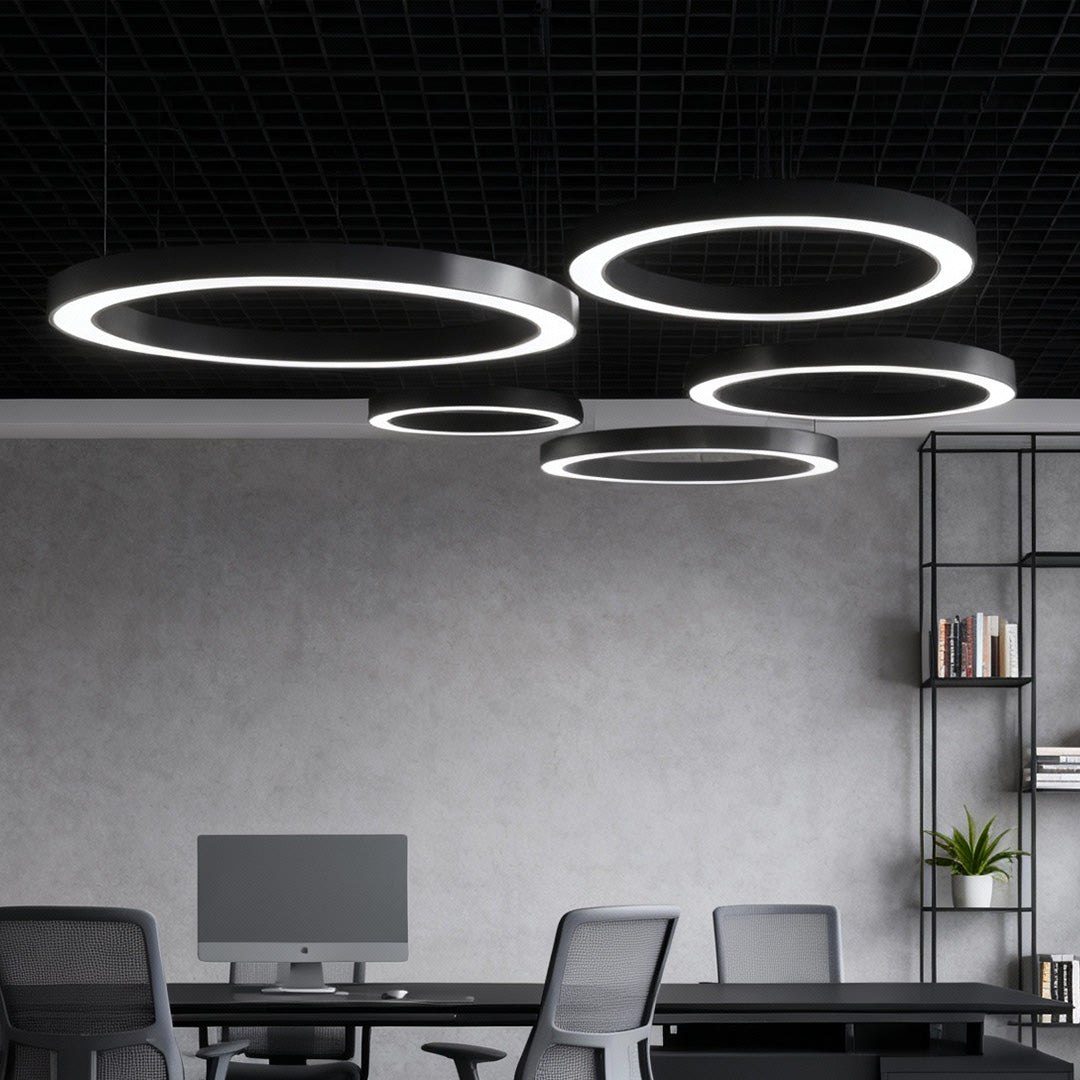LED Ring Pendant Light, Minimalist Iron and Acrylic Circular Chandelier for Offices and Open Interiors, Seven Diameters up to 39 Inches