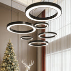 Geometric LED ring pendant light in a styled home interior