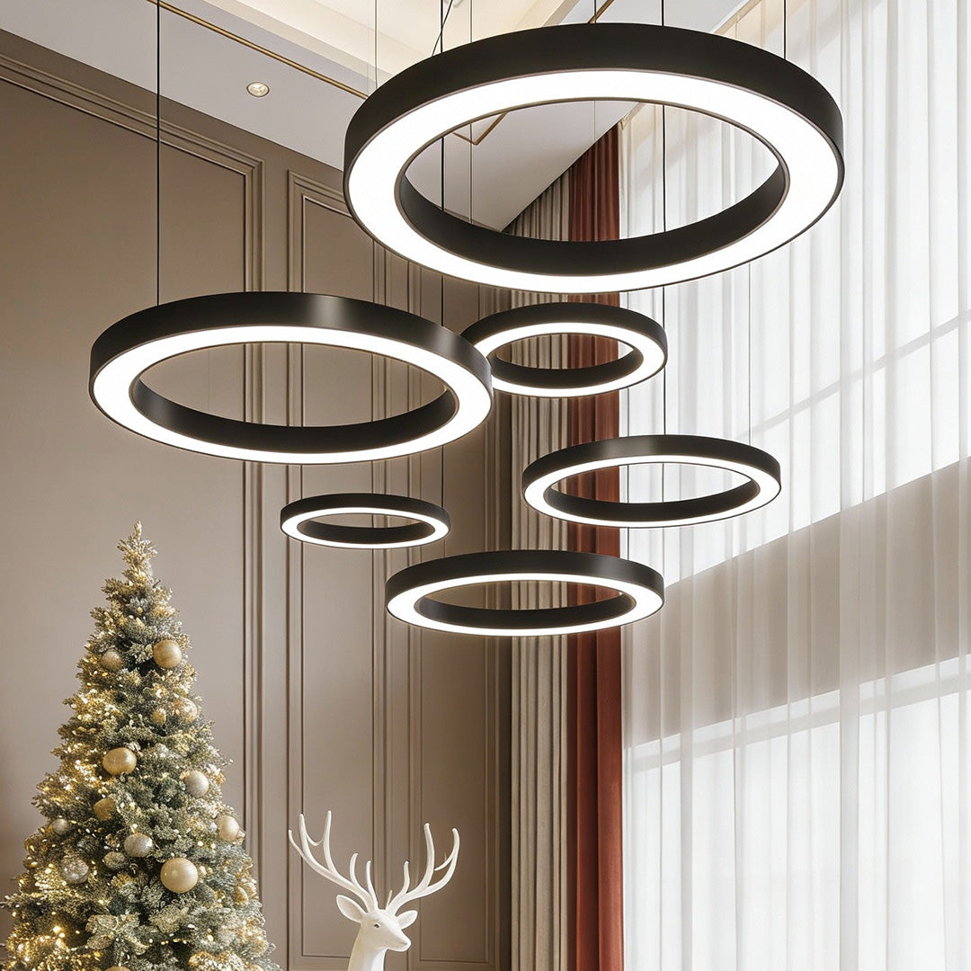 Geometric LED ring pendant light in a styled home interior