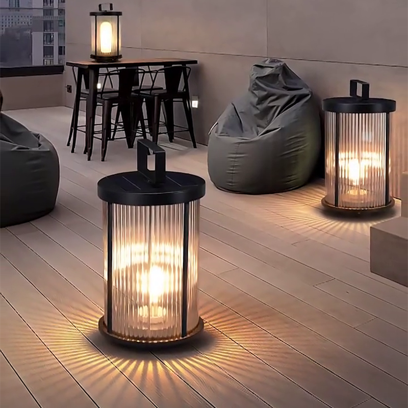 Solar lantern giving ambient light on a wooden deck