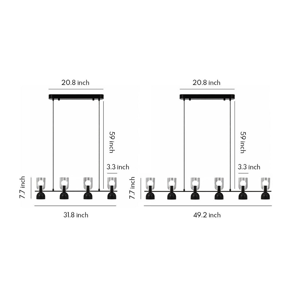 Diagram with dimensions for the linear glass pendant chandelier
