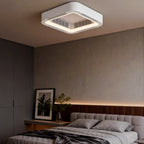 Low profile bladeless ceiling fan with light in a cozy bedroom