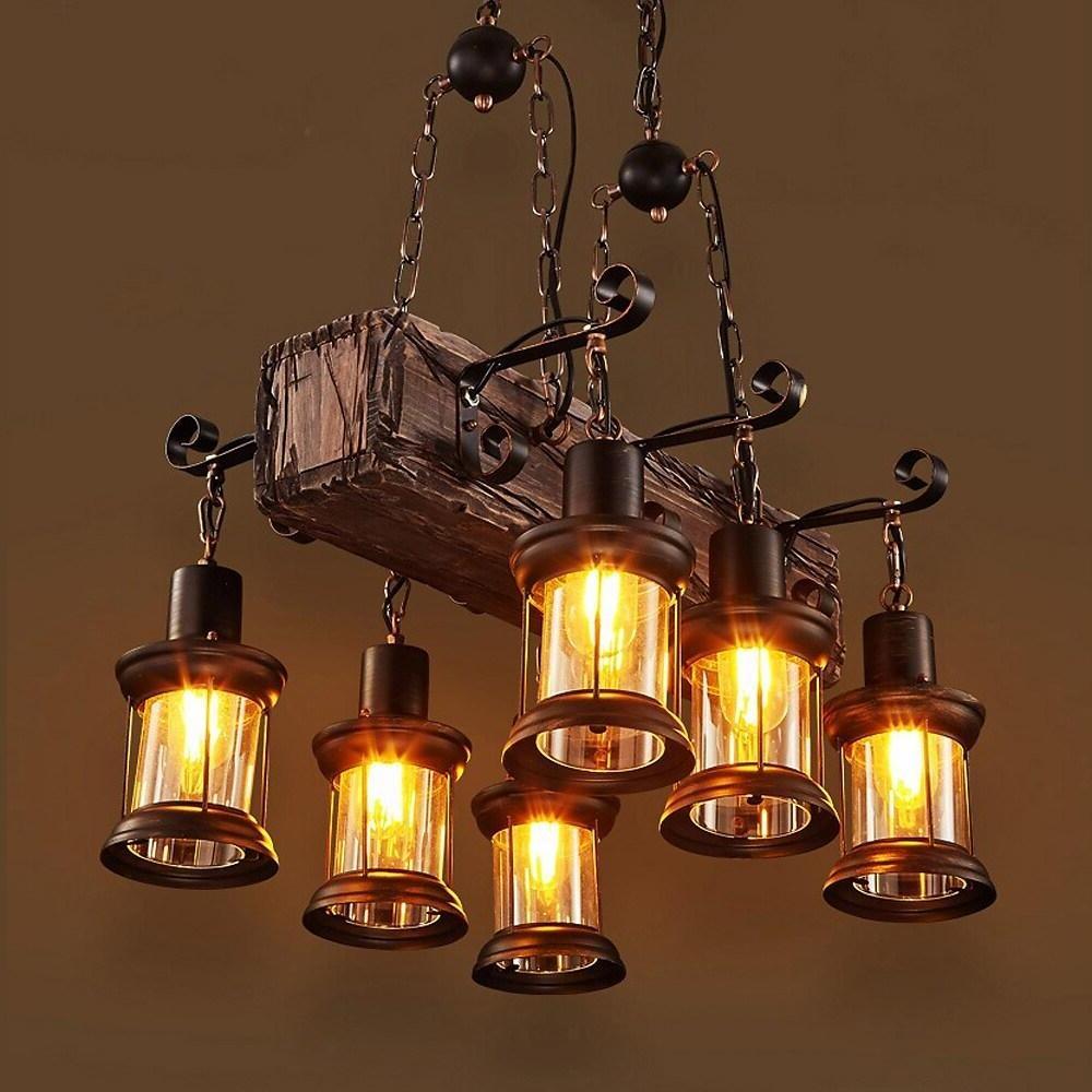 Lantern Chandelier, Wood and Glass 6-Light Farmhouse Ceiling Light for Dining Room, Antique Brass