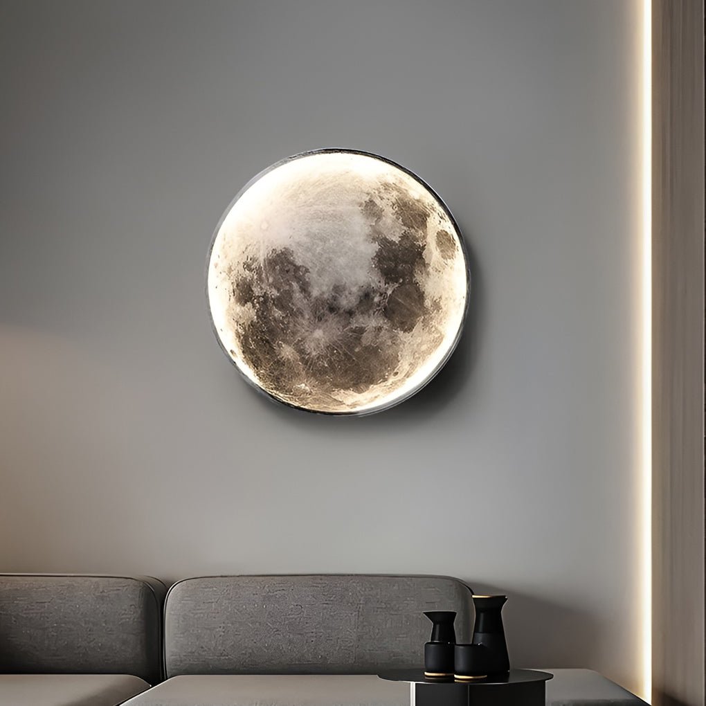 Round full moon wall lamp with lunar surface detail, fourth product view