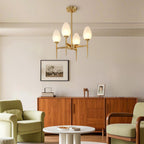 Glass chandelier in a midcentury styled living room