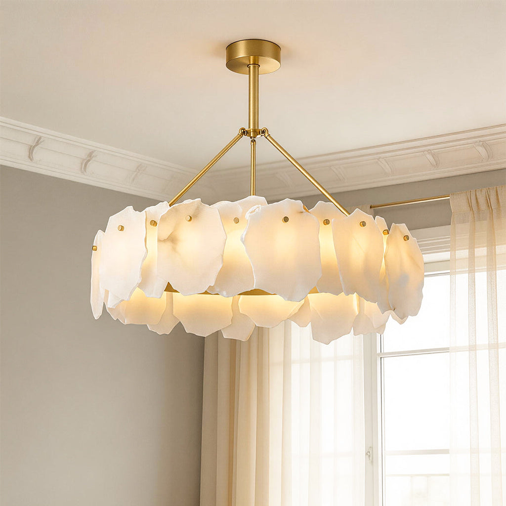 Modern LED Chandelier, Copper and Marble Ceiling Light for Dining Room, 3-Color Temperature