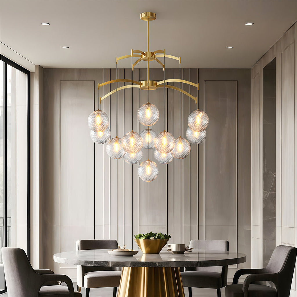 Glass Ball Chandelier, Full Brass and Clear Glass Ceiling Light for Living Room, 7 to 13 Lights