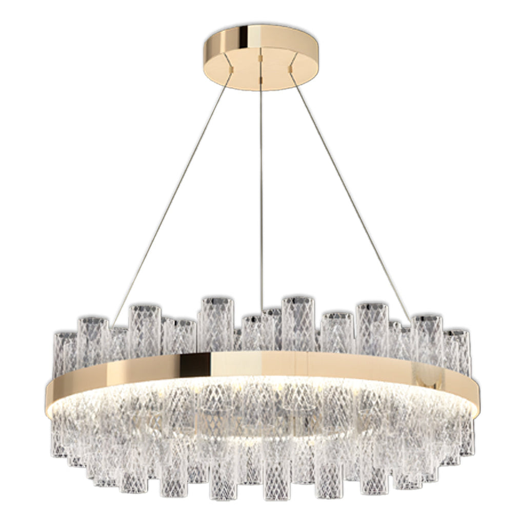 Circular chandelier hung with abundant crystal