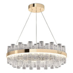 Circular chandelier hung with abundant crystal