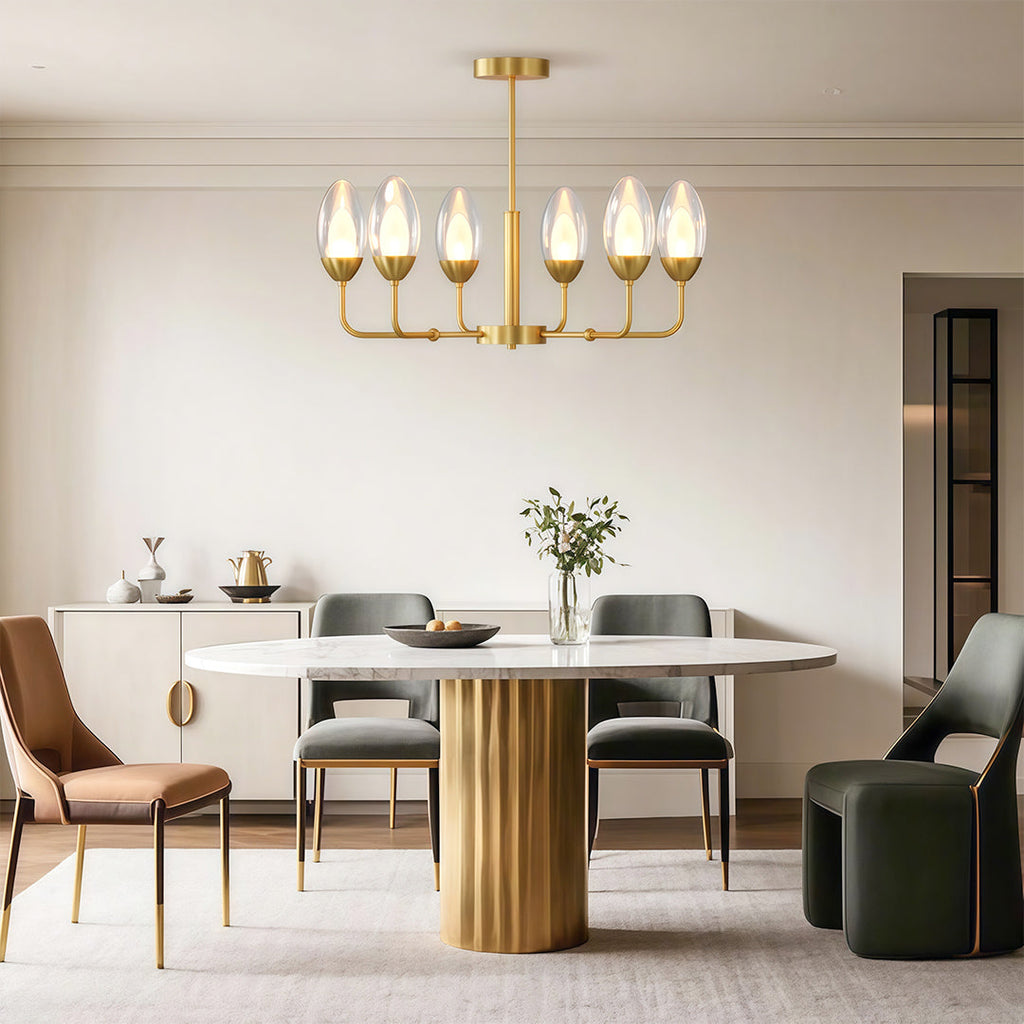 Minimalist chandelier in a warm contemporary dining room