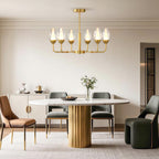 Minimalist chandelier in a warm contemporary dining room