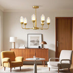 Minimalist chandelier in a neutral toned living room