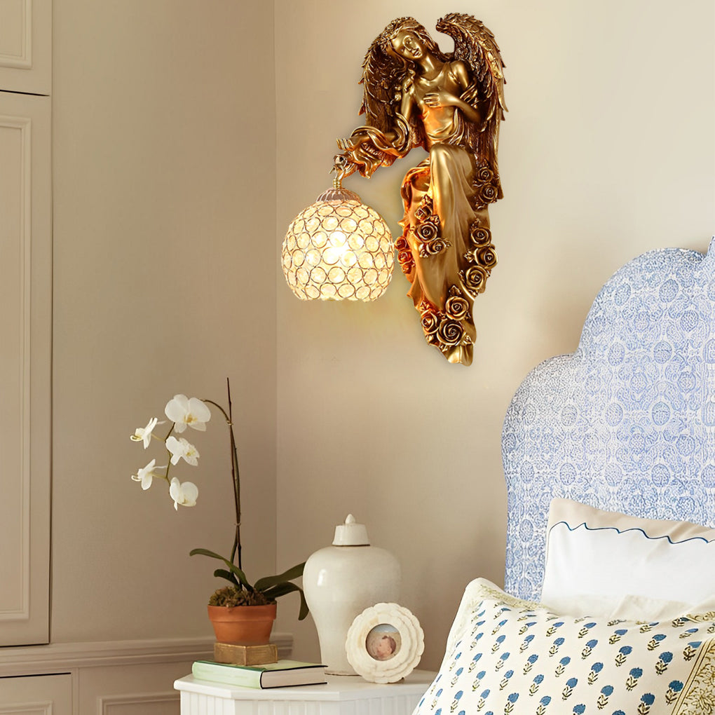 Angel Wall Sconce, European Retro Cast Resin Sculpture Lamp with Crystal Glass Shade, Left or Right Facing for Hallway and Salon Walls