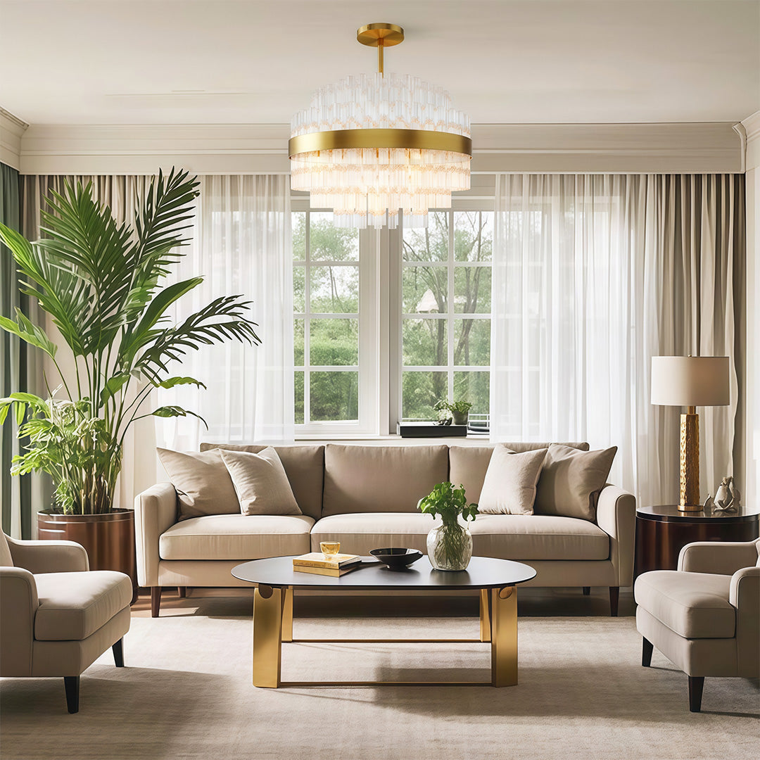 Industrial chandelier in a bright living room with greenery