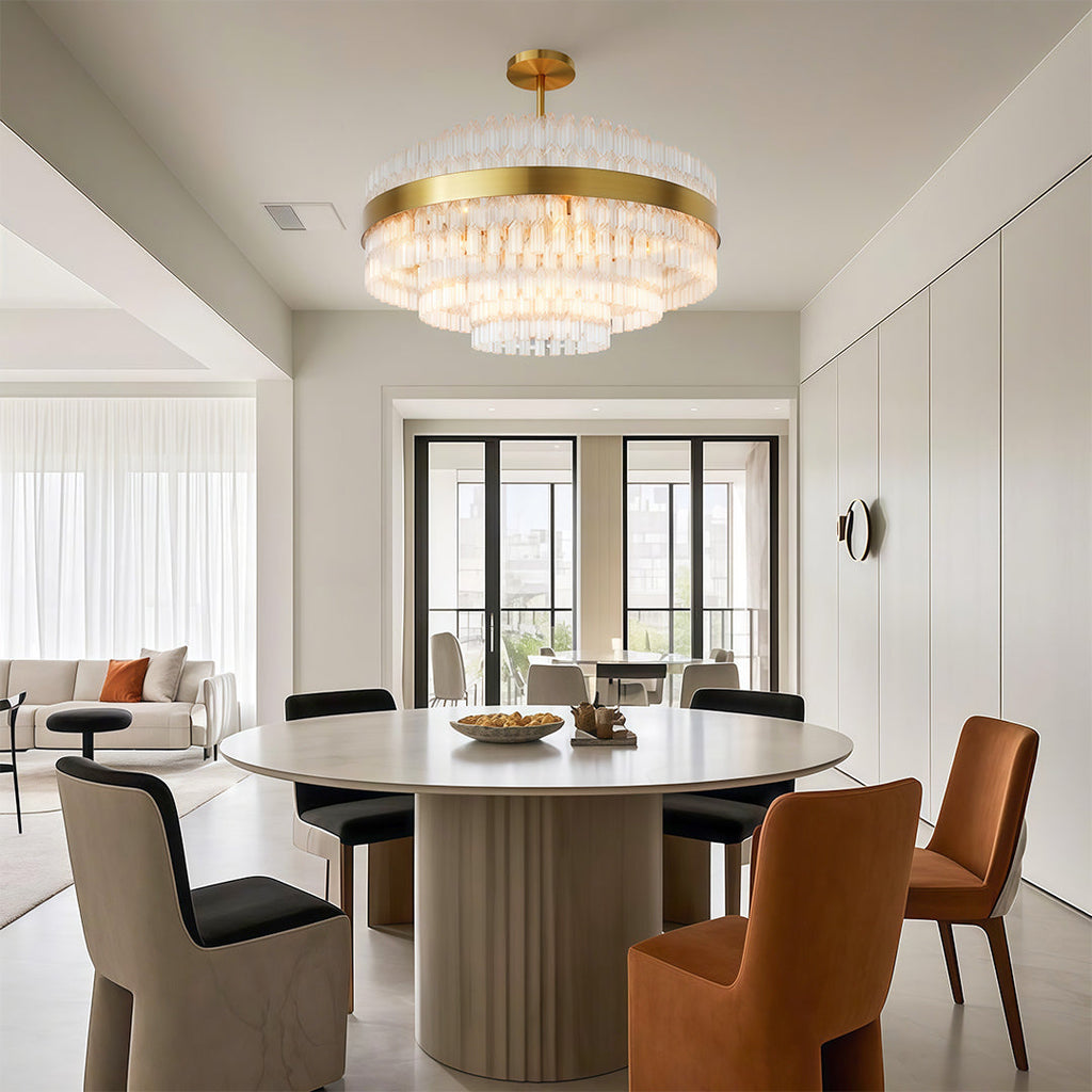 Industrial chandelier installed in a contemporary dining room
