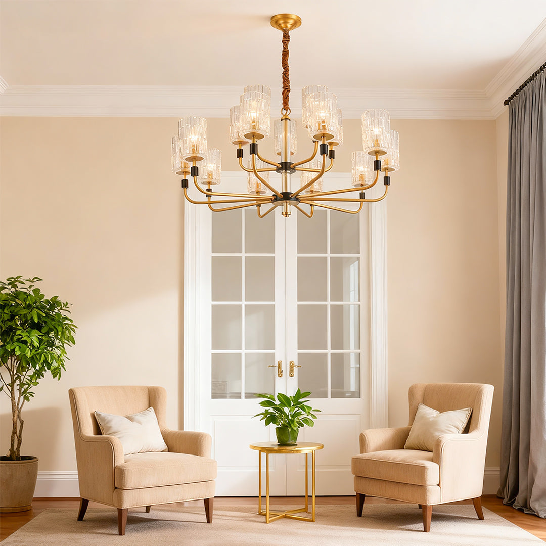 Cluster chandelier in a dining room with a marble fireplace