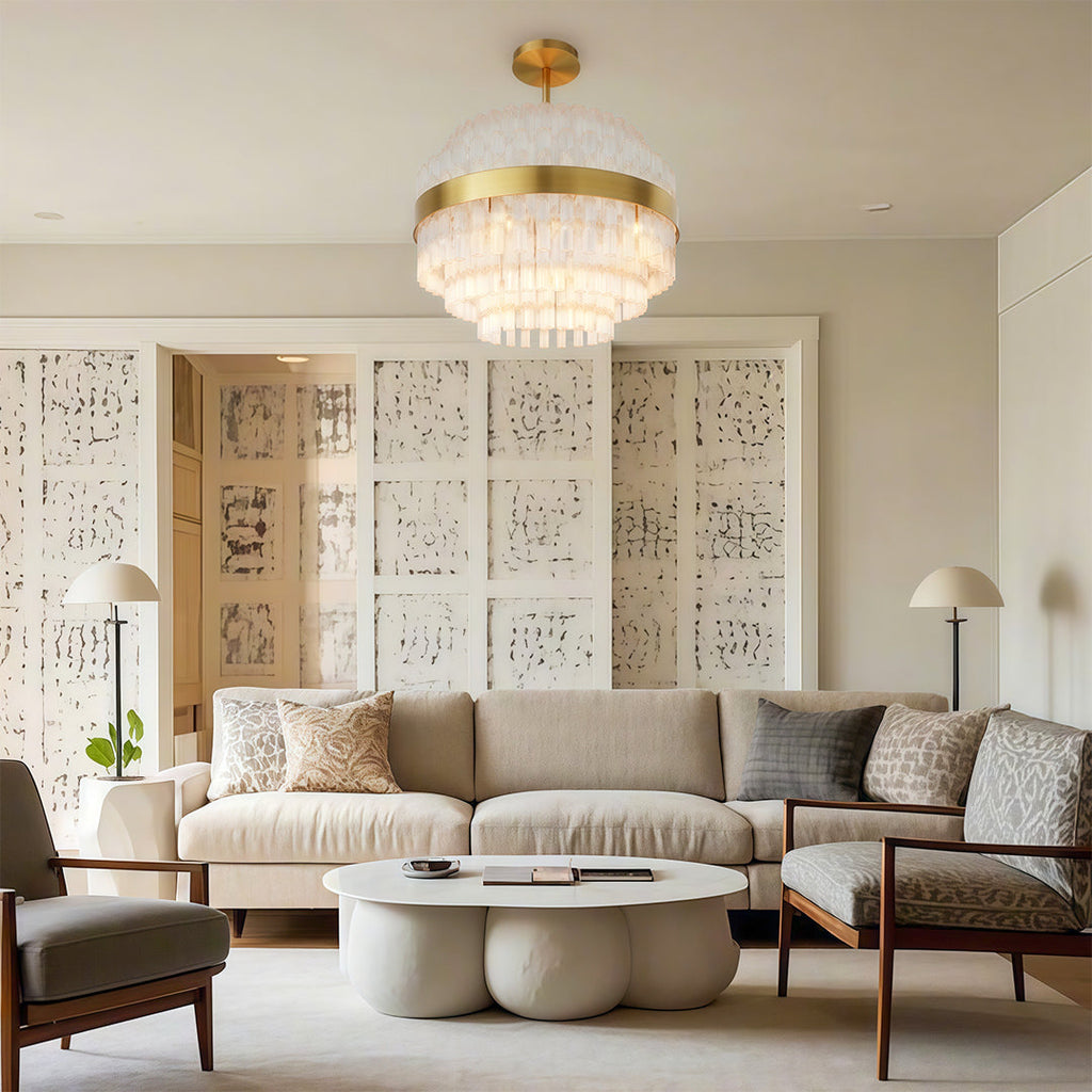 Industrial chandelier installed in an elegant living room
