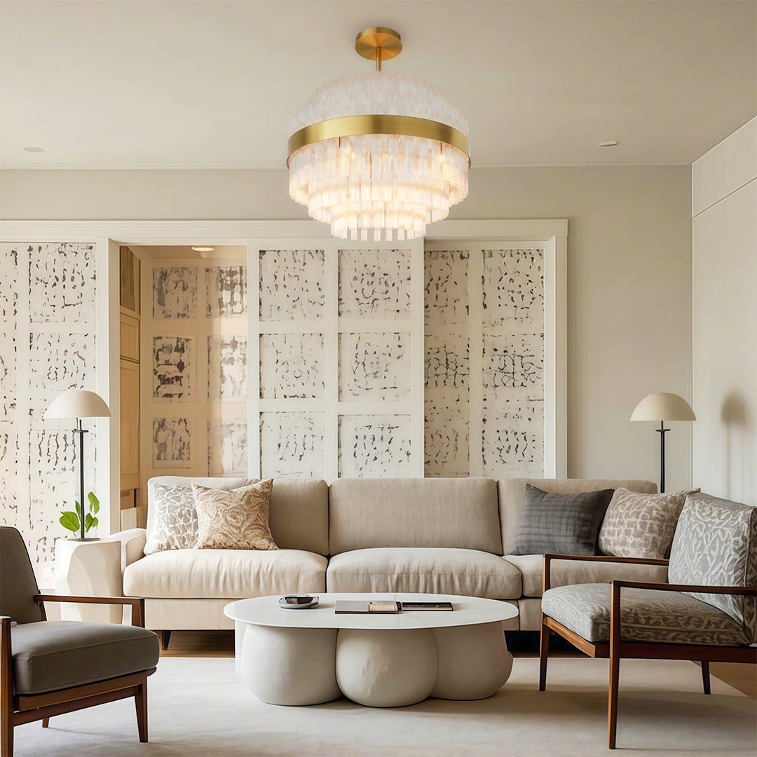 Industrial chandelier installed in an elegant living room