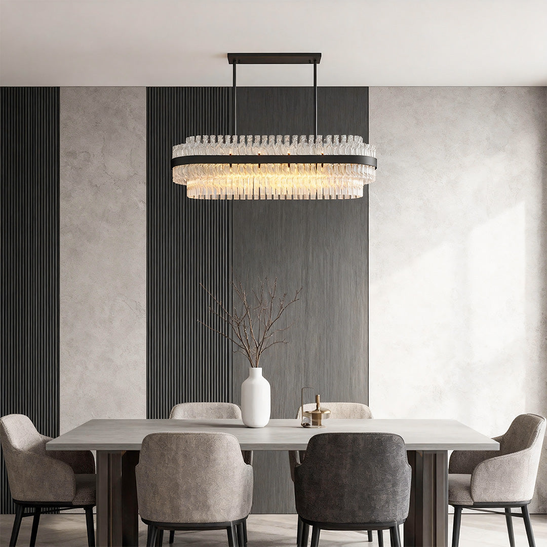 Rectangular industrial chandelier in a minimalist dining room