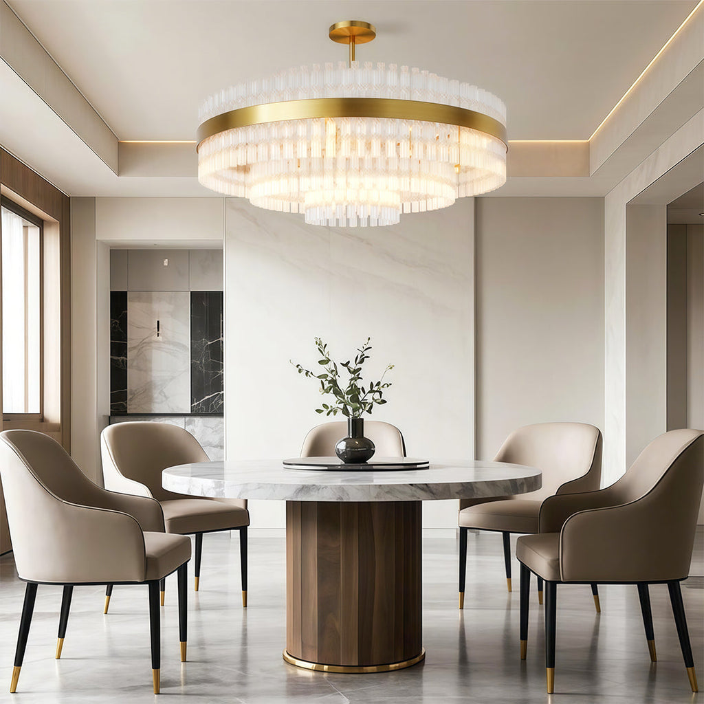 Industrial chandelier hanging above a round dining table