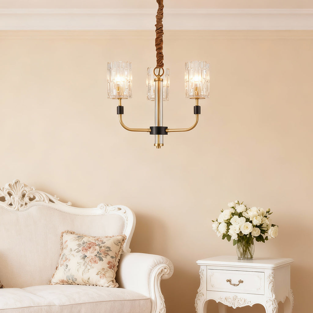 Cluster chandelier in a serene bedroom with white furniture