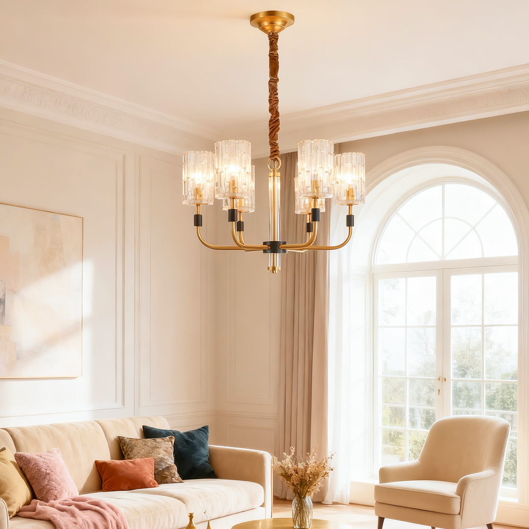 Luxury cluster chandelier in a sophisticated neutral living room