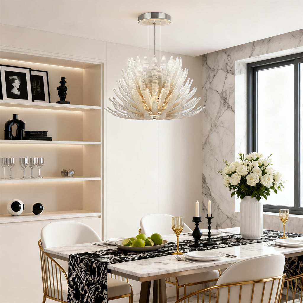 Luxury deco chandelier hanging in a white room