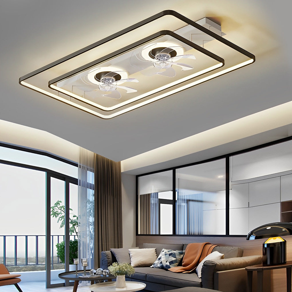 Dual Head Ceiling Fan with Light, Rectangular LED Transparent Blade Fan Lamp for Living and Dining Rooms, Black or Gold