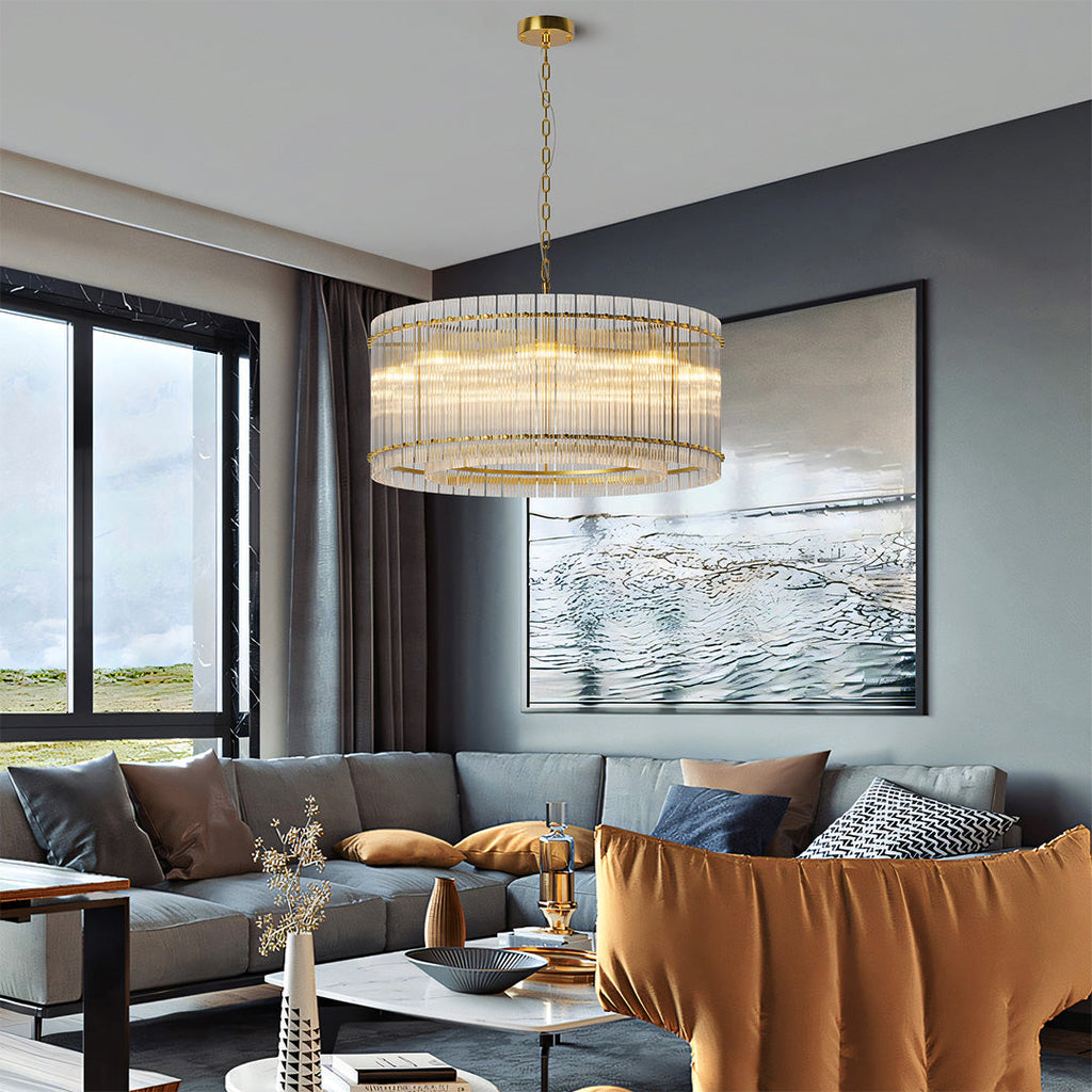 Luxury gold glass shade drum chandelier, product view