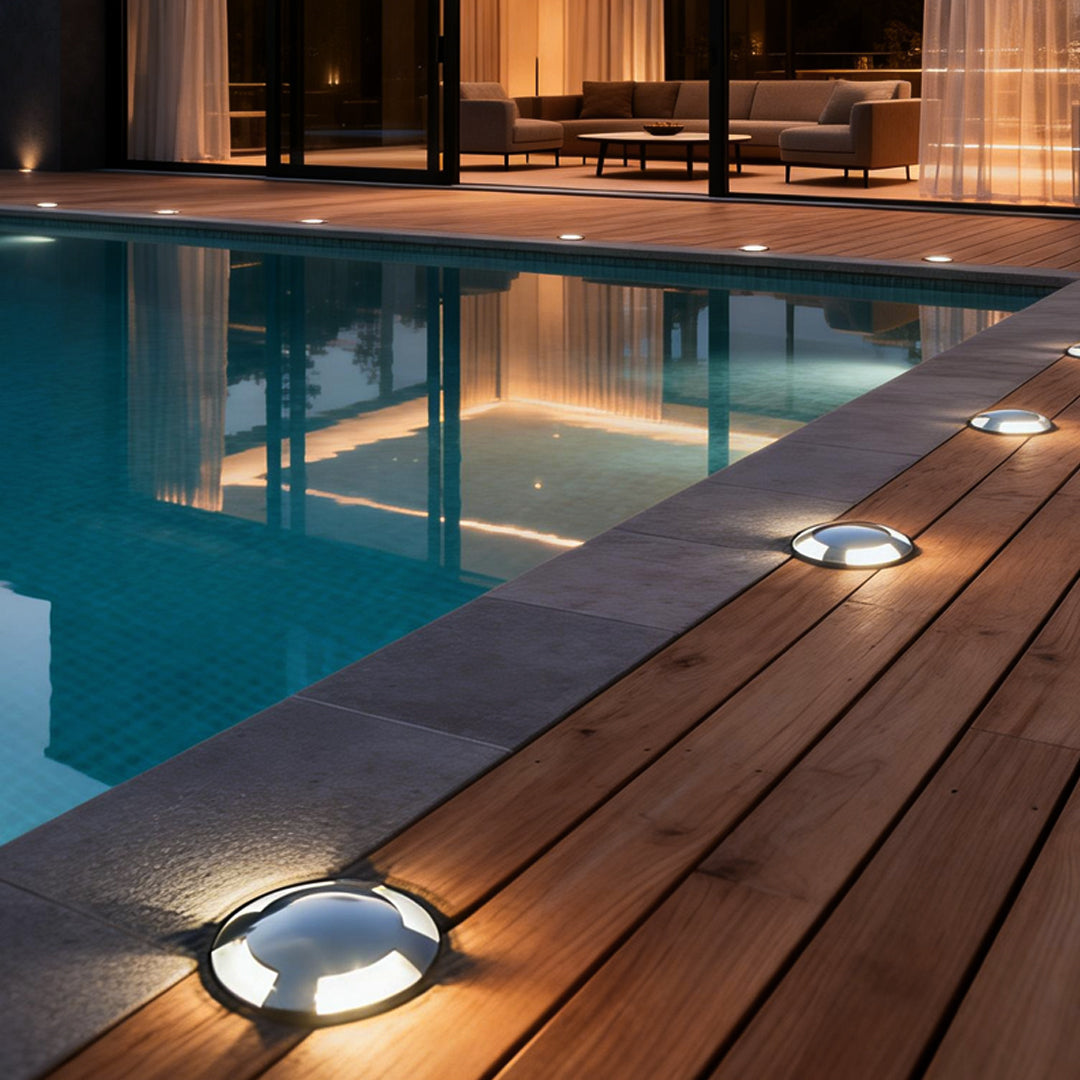 Recessed deck lights casting directional light on a poolside deck