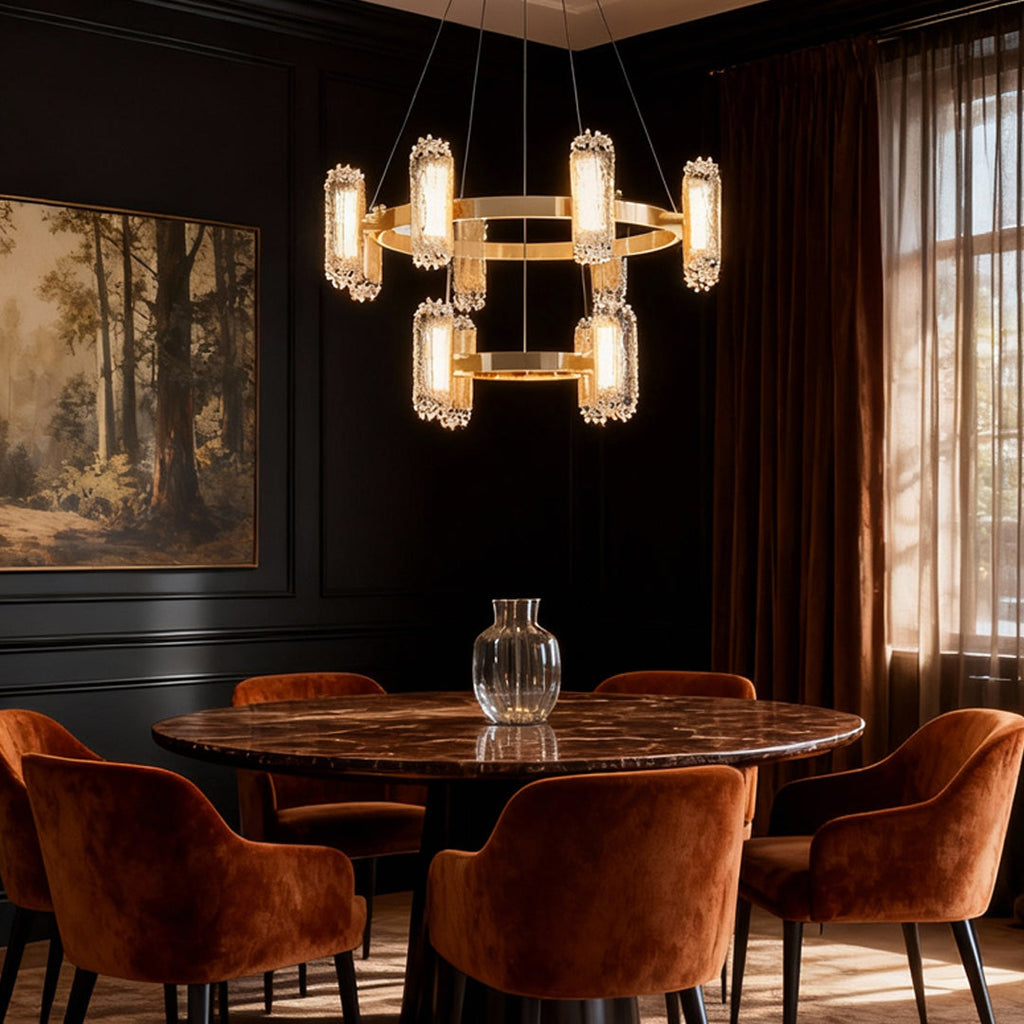 Gold metal chandelier in a dramatic luxurious dining room