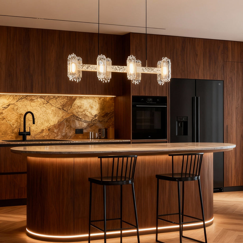 Gold chandelier in a modern kitchen with wood and marble