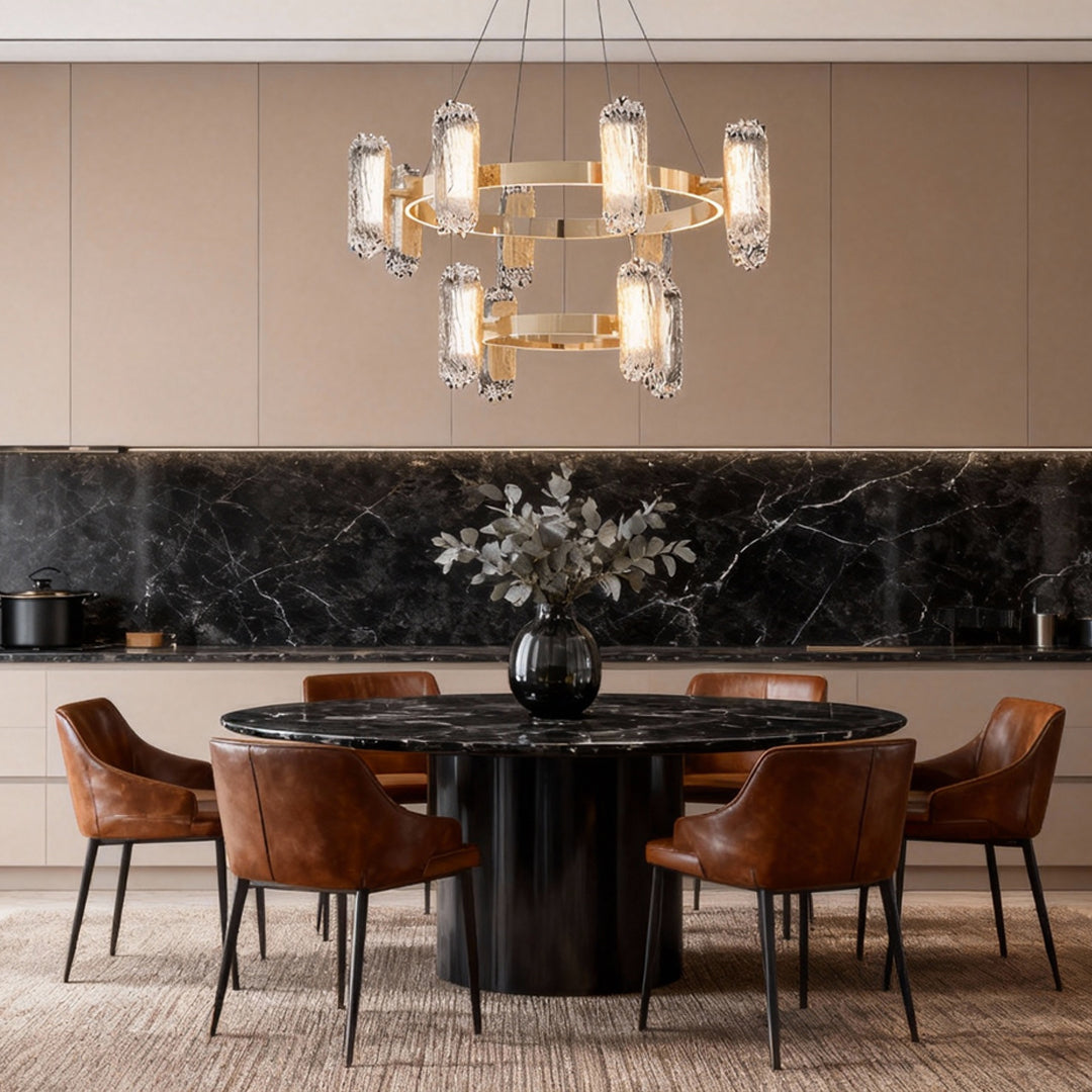 Gold metal chandelier in a sophisticated dining room