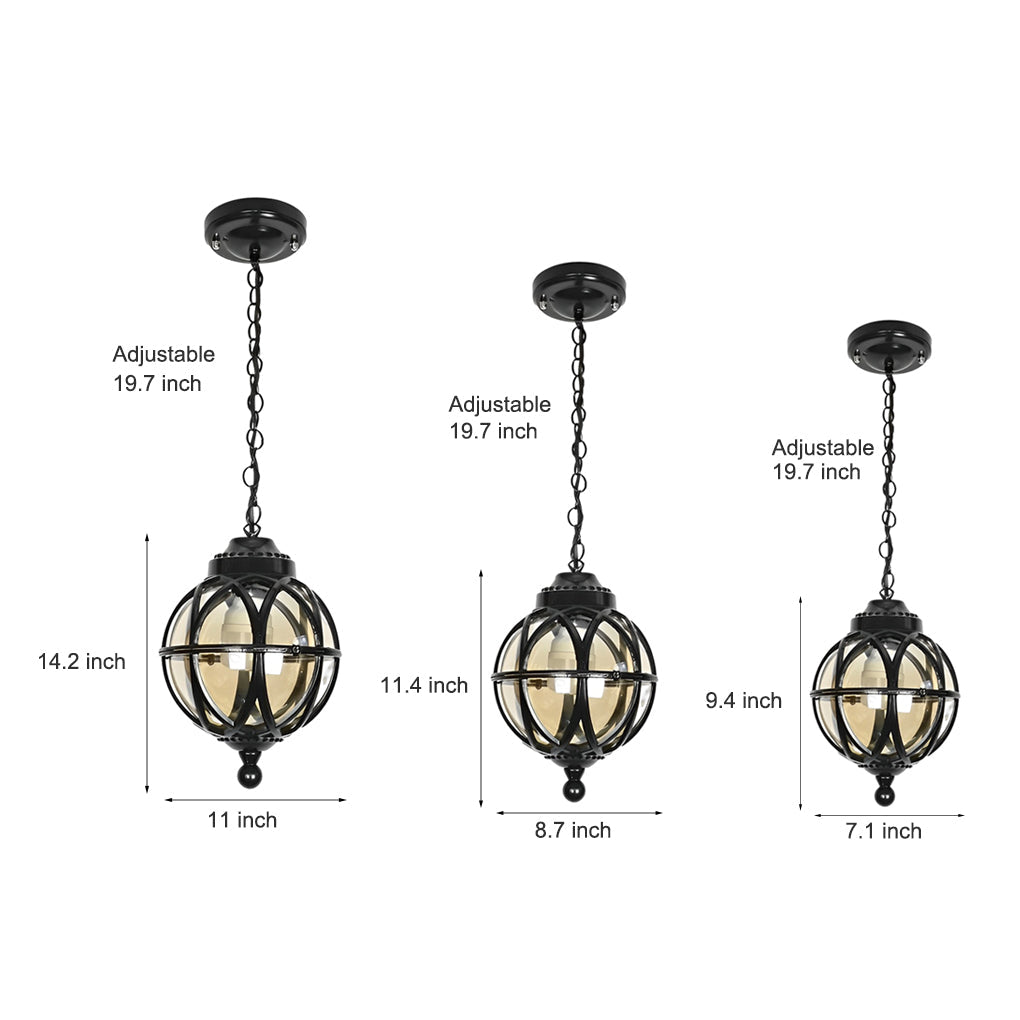 Globe Pendant Light, Retro Metal Orb Moisture-Proof Ceiling Fixture for Porch and Courtyard, 3000K Warm LED in Black or Bronze