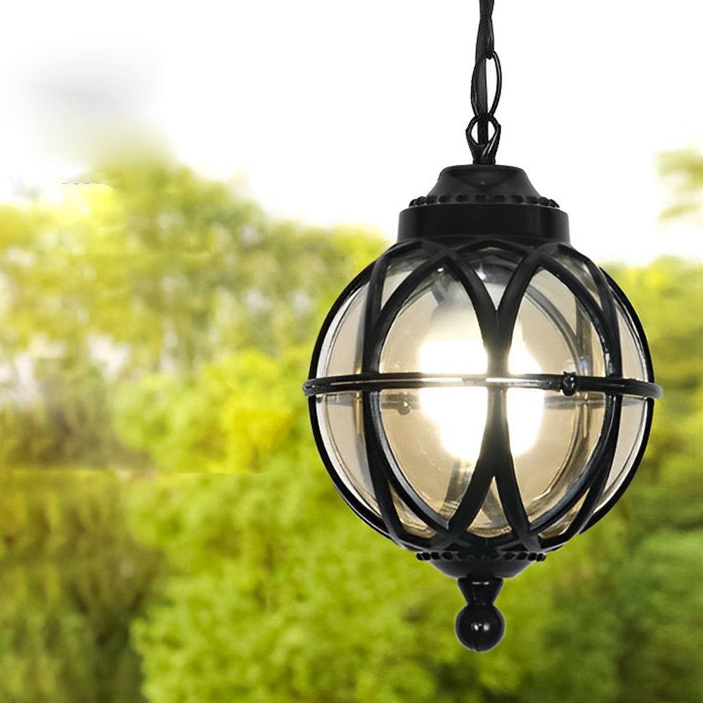 Globe Pendant Light, Retro Metal Orb Moisture-Proof Ceiling Fixture for Porch and Courtyard, 3000K Warm LED in Black or Bronze