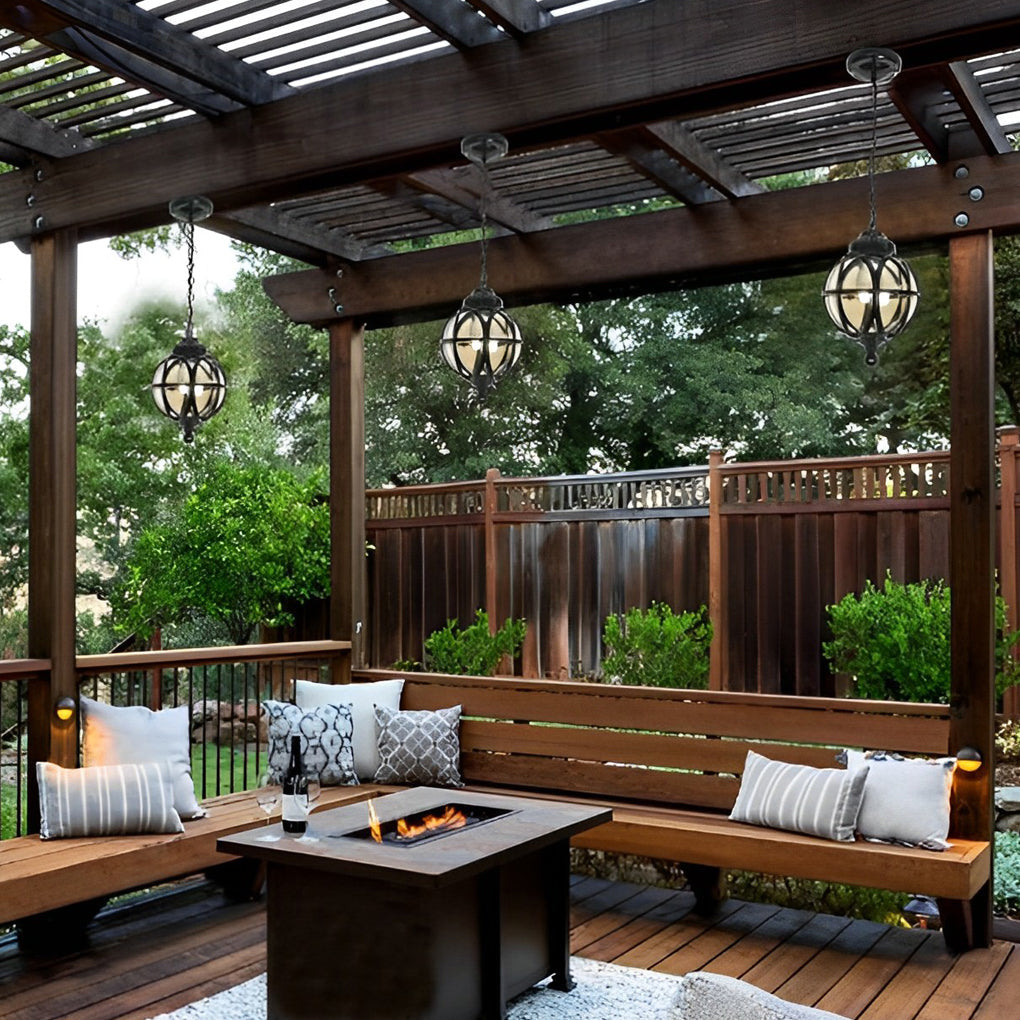 Globe Pendant Light, Retro Metal Orb Moisture-Proof Ceiling Fixture for Porch and Courtyard, 3000K Warm LED in Black or Bronze