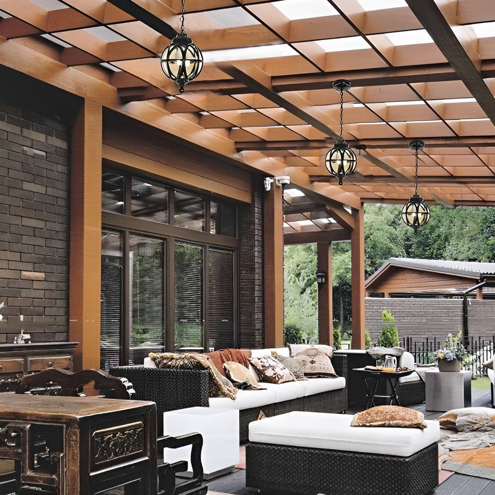 Globe Pendant Light, Retro Metal Orb Moisture-Proof Ceiling Fixture for Porch and Courtyard, 3000K Warm LED in Black or Bronze