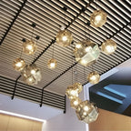 Geometric metal pendant light installed on a ceiling