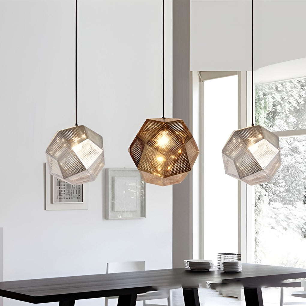 Geometric Metal Pendant Light, Perforated Stainless Steel Ceiling Lamp for Dining Room and Kitchen, Electroplated Metallic Finishes