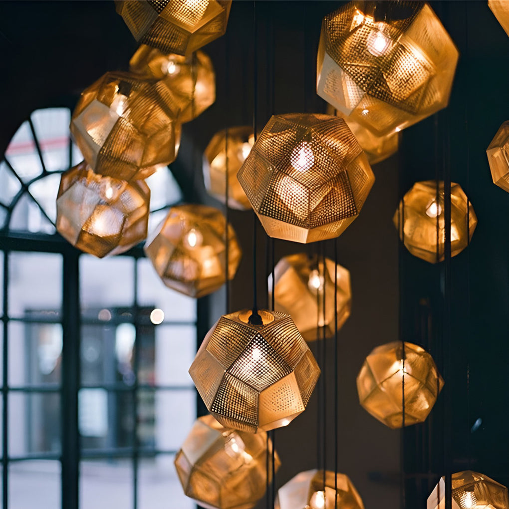 Geometric Metal Pendant Light, Perforated Stainless Steel Ceiling Lamp for Dining Room and Kitchen, Electroplated Metallic Finishes