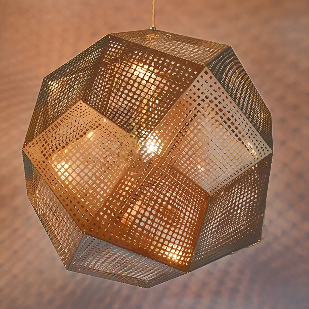 Geometric Metal Pendant Light, Perforated Stainless Steel Ceiling Lamp for Dining Room and Kitchen, Electroplated Metallic Finishes
