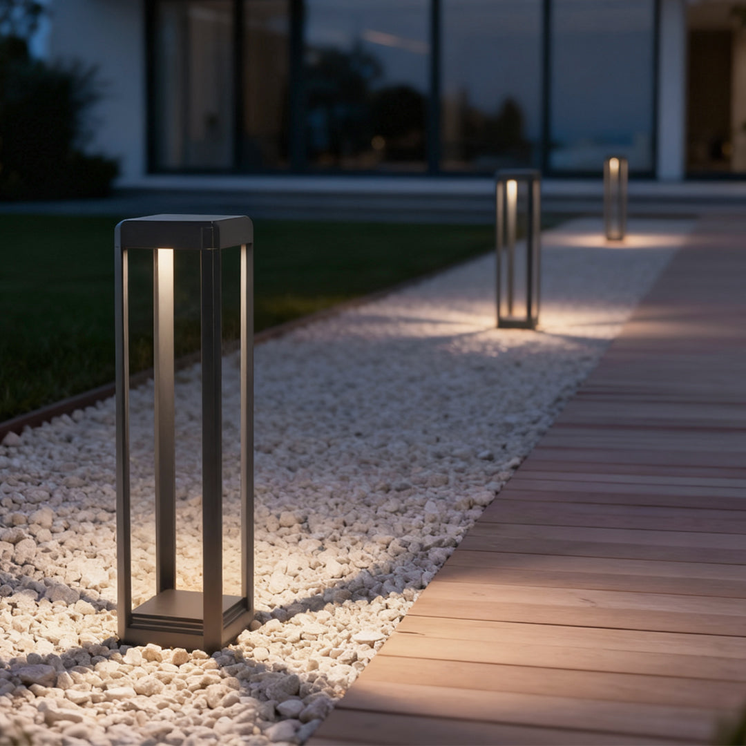 Solar Pathway Light, Modern Black Die-Cast Aluminum Bollard Lamp for Garden Walkways and Borders, Perforated Frame in Three Heights