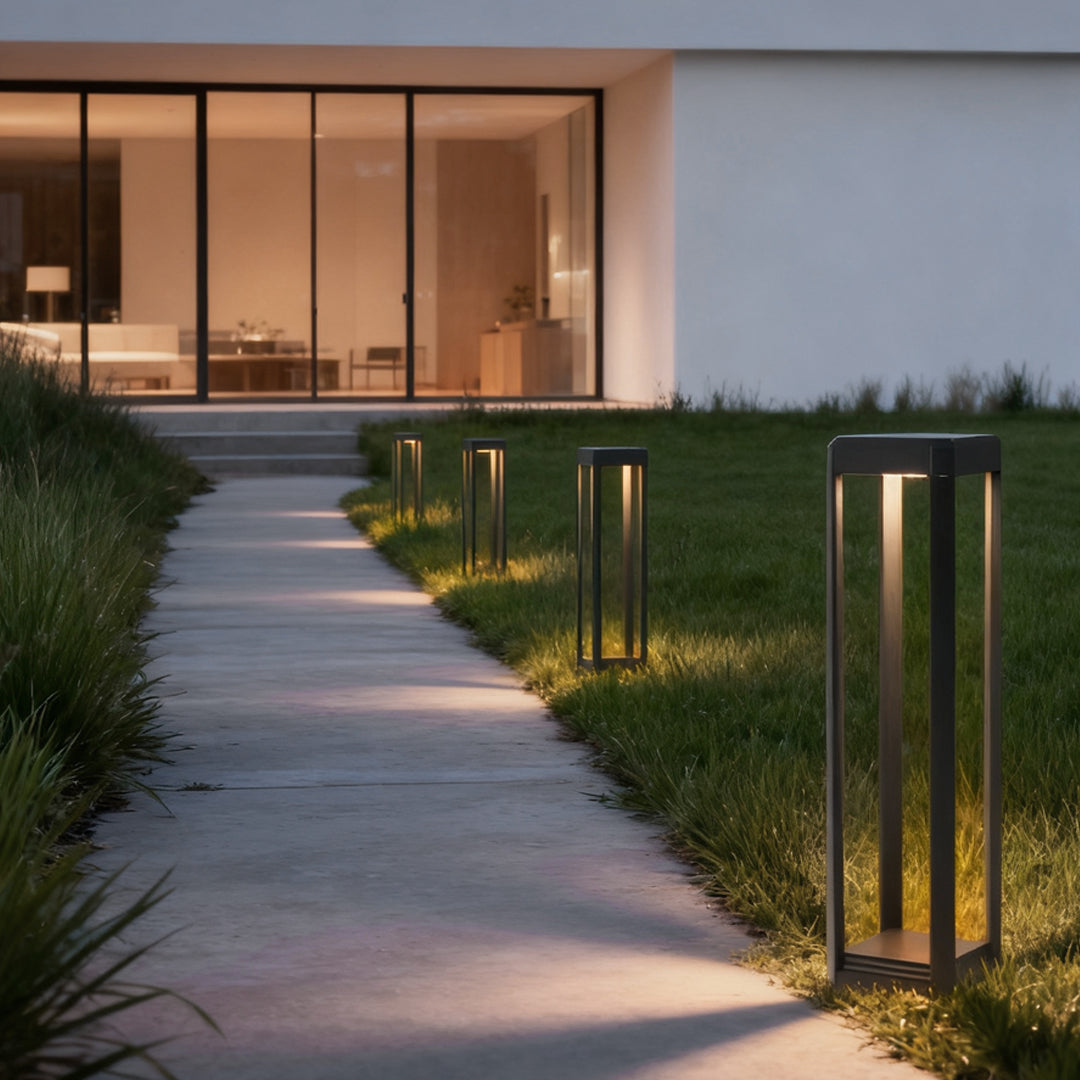 Solar Pathway Light, Modern Black Die-Cast Aluminum Bollard Lamp for Garden Walkways and Borders, Perforated Frame in Three Heights