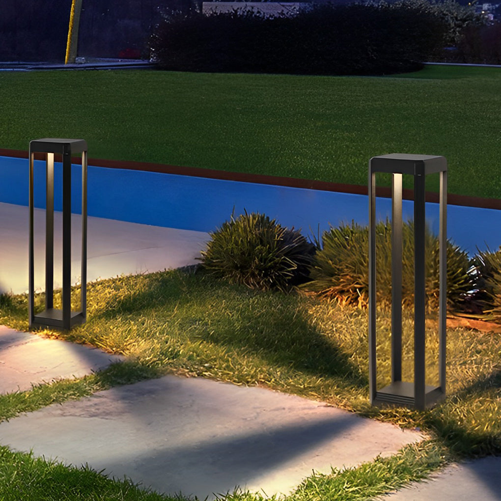 Solar Pathway Light, Modern Black Die-Cast Aluminum Bollard Lamp for Garden Walkways and Borders, Perforated Frame in Three Heights