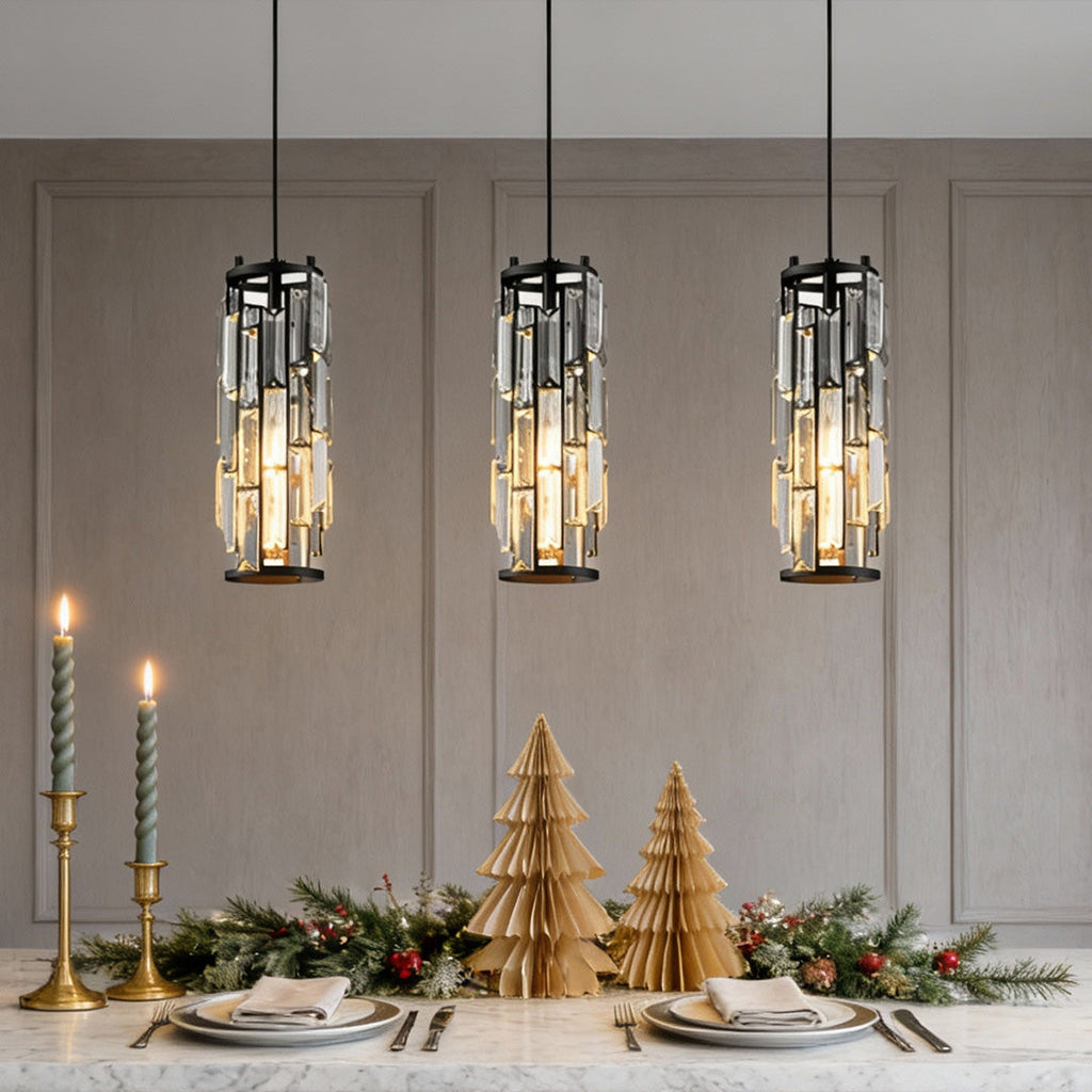 Mini Crystal Pendant Light, Industrial Iron and Crystal Glass Hanging Light for Kitchen Island and Bar, 1 or 3-Light in Black, Gold or Chrome