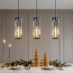 Mini crystal pendant lights above a set dining table
